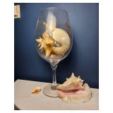 Oversized Decorative Wine Glass Filled with Natural Seashells & Starfish
