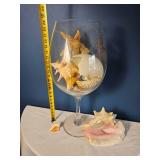 Oversized Decorative Wine Glass Filled with Natural Seashells & Starfish