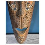 Hand-Carved Wooden Tribal Mask - Elongated Form - Inlaid Folk Art
