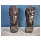 Pair of Hand-Carved Wooden Head Sculptures - African Tribal Style Busts