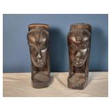 Pair of Hand-Carved Wooden Head Sculptures - African Tribal Style Busts