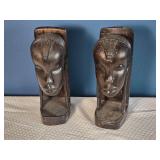 Pair of Hand-Carved Wooden Head Sculptures - African Tribal Style Busts