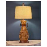 Mid-Century Bamboo & Leather Table Lamp - Tiki Style - Fabric Shade