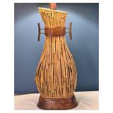 Mid-Century Bamboo & Leather Table Lamp - Tiki Style - Fabric Shade