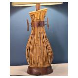 Mid-Century Bamboo & Leather Table Lamp - Tiki Style - Fabric Shade