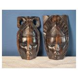 Pair of Carved Wooden Wall Masks - African Tribal Style - Dark Patina