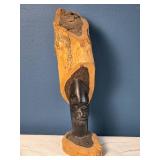 Carved African Head Sculpture with Live-Edge Wood Backing - Tribal Folk Art