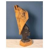 Carved African Head Sculpture with Live-Edge Wood Backing - Tribal Folk Art