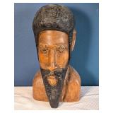 Hand-Carved Wooden Bearded Figure Bust - Folk Art Sculpture