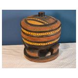 Lidded Carved Wooden Vessel - Geometric Tribal Pattern - Folk Art Container