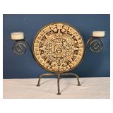 Aztec Calendar Metal Candle Holder Stand - Triple Tea Light - Mayan Sun Stone Design