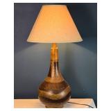Mid-Century Modern Wooden Table Lamp - Sculptural Base - Fabric Shade
