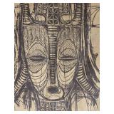 Pair of Tribal Mask Textile Wall Hangings - Burlap Fabric - Folk Art