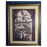Framed Courtyard Palm Scene Print - Mediterranean Architecture - Gilt Frame