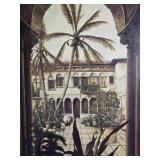 Framed Courtyard Palm Scene Print - Mediterranean Architecture - Gilt Frame