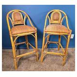 Pair of Rattan Bar Stools with Cushions