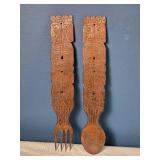 Carved Wooden Tribal Spoon and Fork Set