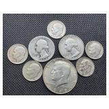 Eight Silver US Coins: 1968 40% Silver Kennedy Half Dollar; two 90% Silver Washington Quarters, and Five 90% Silver Roosevelt Dimes