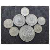 Eight Silver US Coins: 1968 40% Silver Kennedy Half Dollar; two 90% Silver Washington Quarters, and Five 90% Silver Roosevelt Dimes