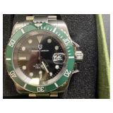 Pagnani Design "Rolex Starbucks Submariner Homage" Stainless Steel Waterproof Automatic Mechanical Dive Watch with Box, Papers; Extra Bracelet Links and Bracelet tool - Runs Well