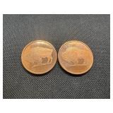 Two 2011 One Ounce Copper Rounds Buffalo Design