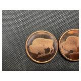 Two 2011 One Ounce Copper Rounds Buffalo Design