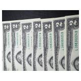 Eight Sequential Two Dollar Bills