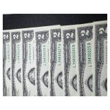 Eight Sequential Two Dollar Bills