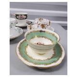 Floral Teacups & Saucers Set with Gold Rim - Pink Roses, Green Trim, Blue Vines
