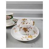 Floral Teacups & Saucers Set with Gold Rim - Pink Roses, Green Trim, Blue Vines