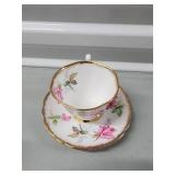 Floral Teacups & Saucers Set with Gold Rim - Pink Roses, Green Trim, Blue Vines