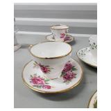Floral Teacups & Saucers Set with Gold Rim - Pink Roses, Green Trim, Blue Vines