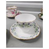 Floral Teacups & Saucers Set with Gold Rim - Pink Roses, Green Trim, Blue Vines