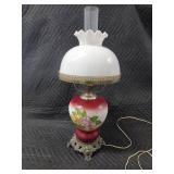Vintage Painted Glass Rose Table Lamp with Milk-Glass Shade & Ornate Base