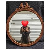 Ornate Round Mirror with Crest Top - Carved Wood Frame, Antique Style