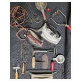 Vintage Irons & Kitchen Tools Lot - Coal & Electric Irons, Whisks, Graters & Presses