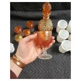 Grapevine Amber Glass Decanter with Stopper + Matching Goblets & White Mugs Set