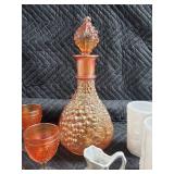 Grapevine Amber Glass Decanter with Stopper + Matching Goblets & White Mugs Set