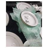 Porcelain Dinnerware Set - Floral Rose Pattern on White with Black Rim and Gold Trim