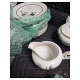 Porcelain Dinnerware Set - Floral Rose Pattern on White with Black Rim and Gold Trim