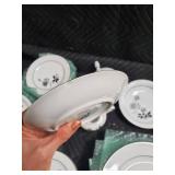 Porcelain Dinnerware Set - Floral Rose Pattern on White with Black Rim and Gold Trim