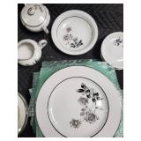 Porcelain Dinnerware Set - Floral Rose Pattern on White with Black Rim and Gold Trim