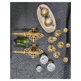 Brass Wall Sconces (2) & Candlesticks (5) with Glass Accents - Vintage Decor Lot