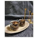 Brass Wall Sconces (2) & Candlesticks (5) with Glass Accents - Vintage Decor Lot