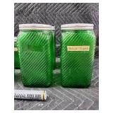 Green Glass Canister Jars with Lids - Coconut, Nuts, and Brown Sugar Labels