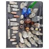Antique Glass Bottle Lot - Cobalt Blue Embossed Medicine Bottle with Assorted Clear & Amber Bottles