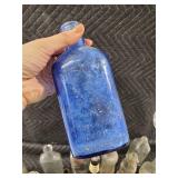 Antique Glass Bottle Lot - Cobalt Blue Embossed Medicine Bottle with Assorted Clear & Amber Bottles