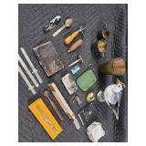 Vintage Tools & Collectibles Lot - Calipers, Pocket Knife, Razor Blades, Metal Mugs & Duck Figurine