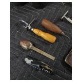 Vintage Tools & Collectibles Lot - Calipers, Pocket Knife, Razor Blades, Metal Mugs & Duck Figurine