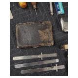 Vintage Tools & Collectibles Lot - Calipers, Pocket Knife, Razor Blades, Metal Mugs & Duck Figurine